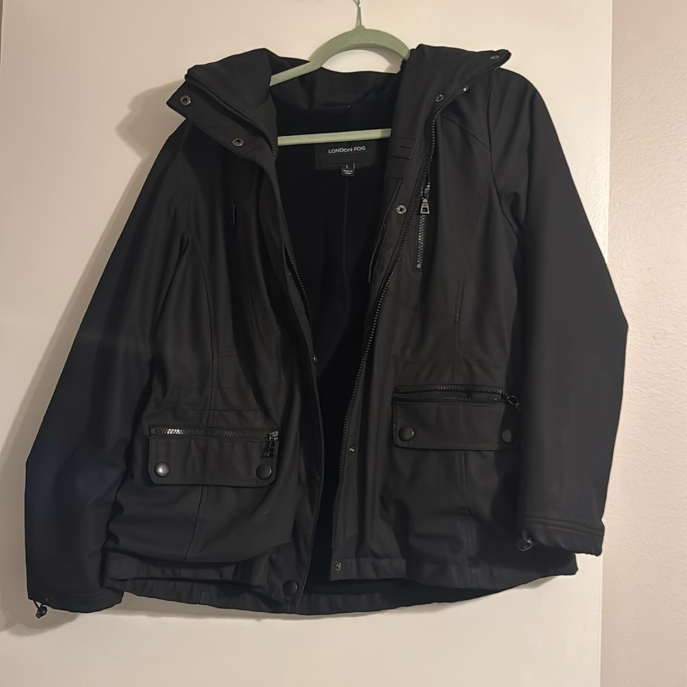 London fog black warm rain jacket with hood (large)